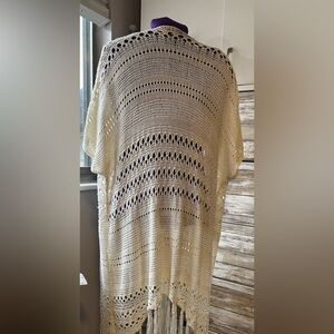 ARTESIA Cream Fringe Open Knit Cardigan Sweater M/L Boho Asymmetrical